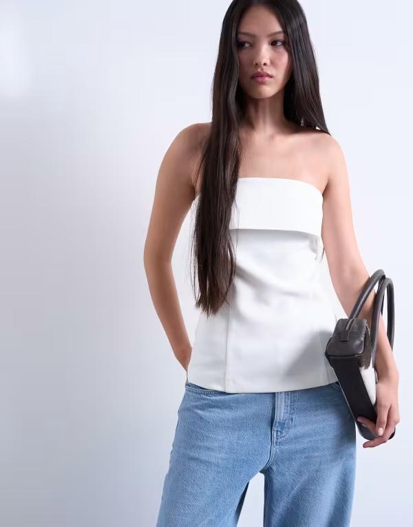 トップショップ レディース トップス タンクトップ Topshop foldover long line top bandeau IVORY アイボリー｜ReVida 店
