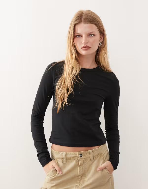コルージョン レディース トップス Tシャツ COLLUSION long sleeve fitted t-shirt Black ブラック