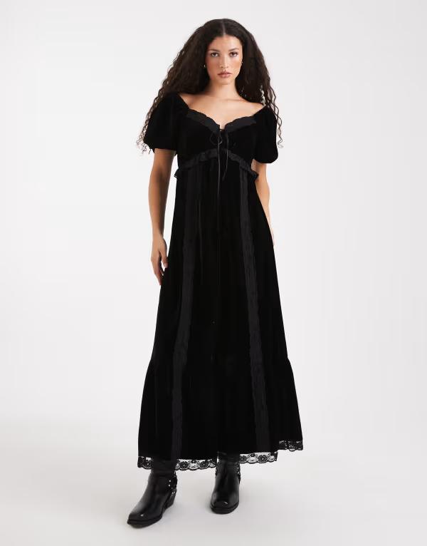 ミスセルフフリッジ レディース トップス ワンピース ベルベット レース マキシ Misselfridge velvet and lace puff sleeve maxi dress Black ブラック｜ReVida 店 23,532円