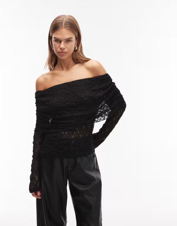 エイソス レディース トップス シャツ オフショルダー レース ASOS DESIGN lace fold-over off-shoulder top Black ブラック