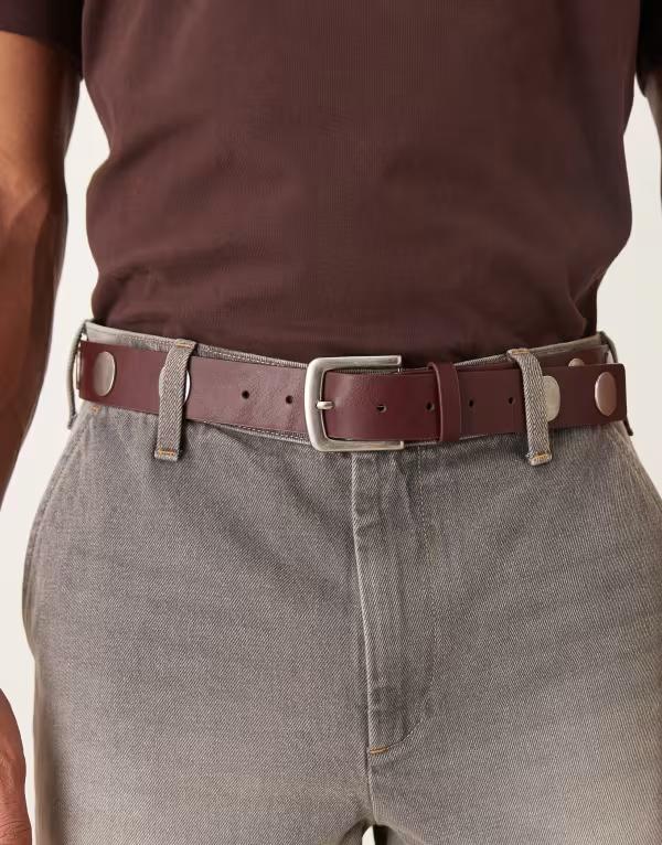 エイソス メンズ アクセサリー ベルト レザー フェイクレザー ASOS DESIGN disc studded belt faux leather BROWN ブラウン