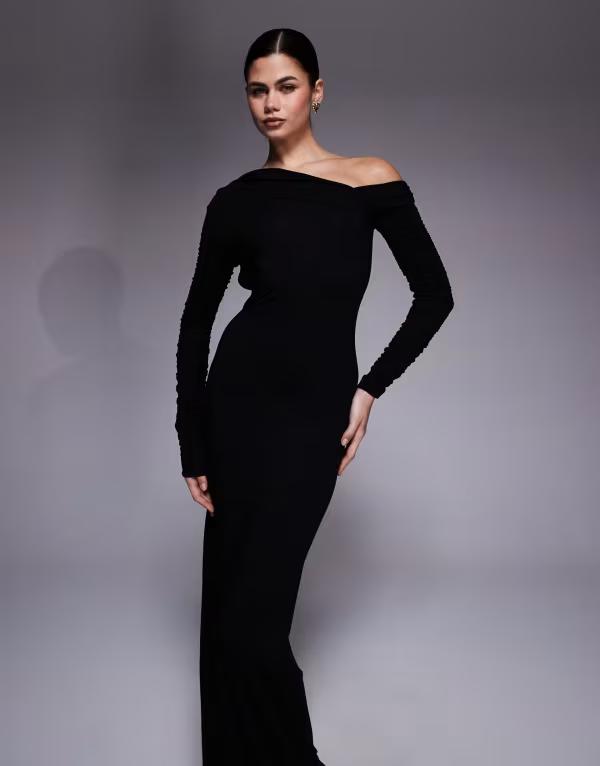 エイソス レディース トップス ワンピース オープンバック アシンメトリー オフショルダー マキシ ASOS DESIGN long sleeve off-shoulder maxi dress with asymmetric open back Black ブラック