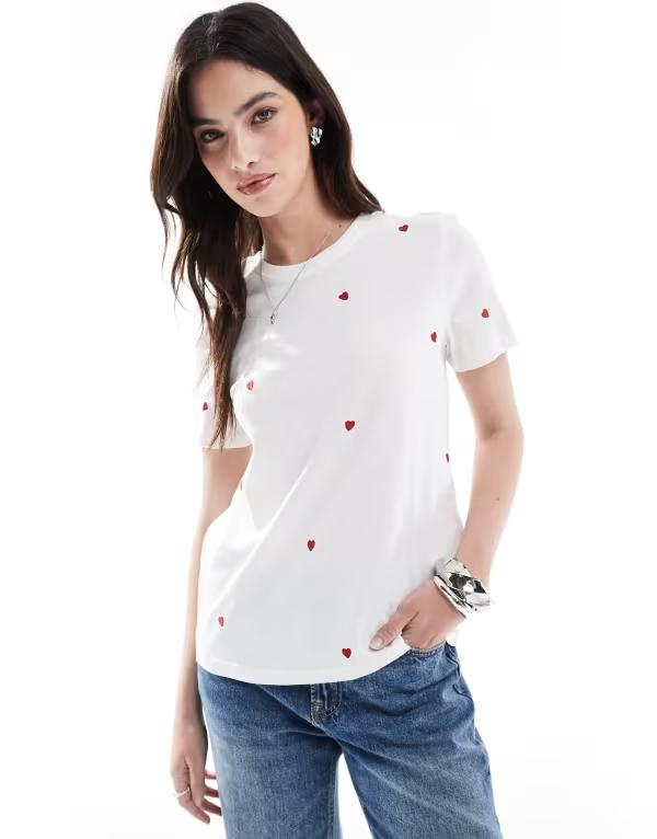 オンリー レディース トップス Tシャツ クルーネック ONLY heart embroidery crew neck T-shirt WHITE ホワイト