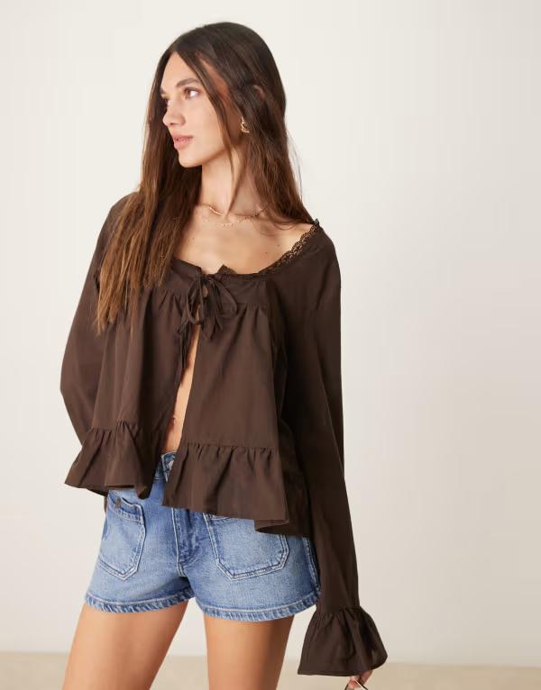 エイソス レディース トップス シャツ レーストリム コットン ブラウス レース ASOS DESIGN cotton boho lace trim blouse in chocolate チョコレート