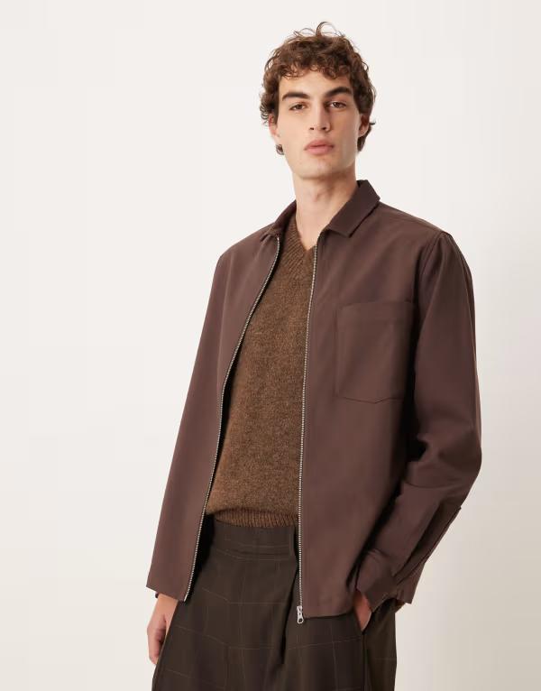 エイソス メンズ トップス シャツ ASOS DESIGN relaxed zip up shirt BROWN ブラウン