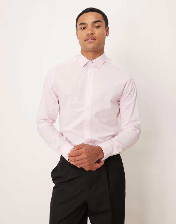 エイソス メンズ トップス シャツ スリムフィット ASOS DESIGN slim fit smart shirt with texture PINK ピンク