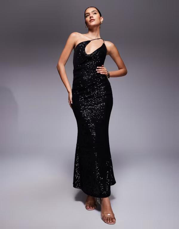 エイソス レディース トップス ワンピースパンコール マキシ ASOS DESIGN sequin one shoulder strappy maxi dress with cowl black ブラック｜ReVida 店