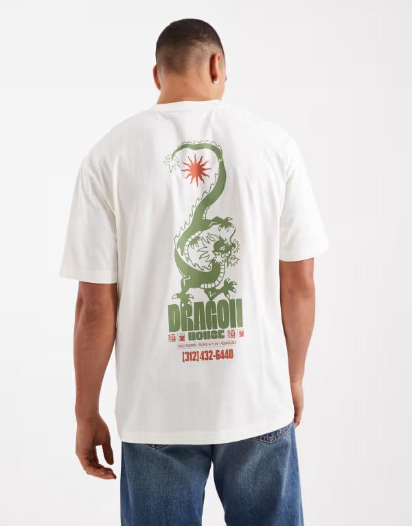 エイソス メンズ トップス Tシャツ グラフィック ASOS DESIGN relaxed T-shirt with dragon spine graphic in cream Coconut milk クリーム
