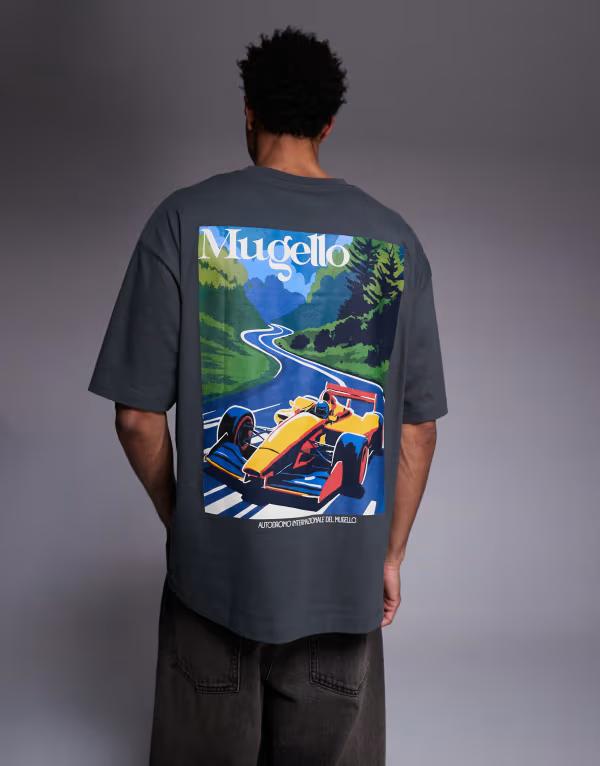 エイソス メンズ トップス Tシャツ グラフィック ASOS DESIGN oversized T-shirt with race car graphic in dark shadow グレー