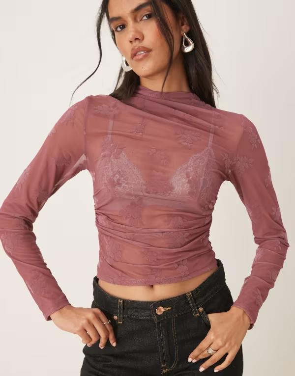 エイソス レディース トップス シャツ ハイネック ギャザー ASOS DESIGN flocked ruched high neck long sleeve topINK ピンク