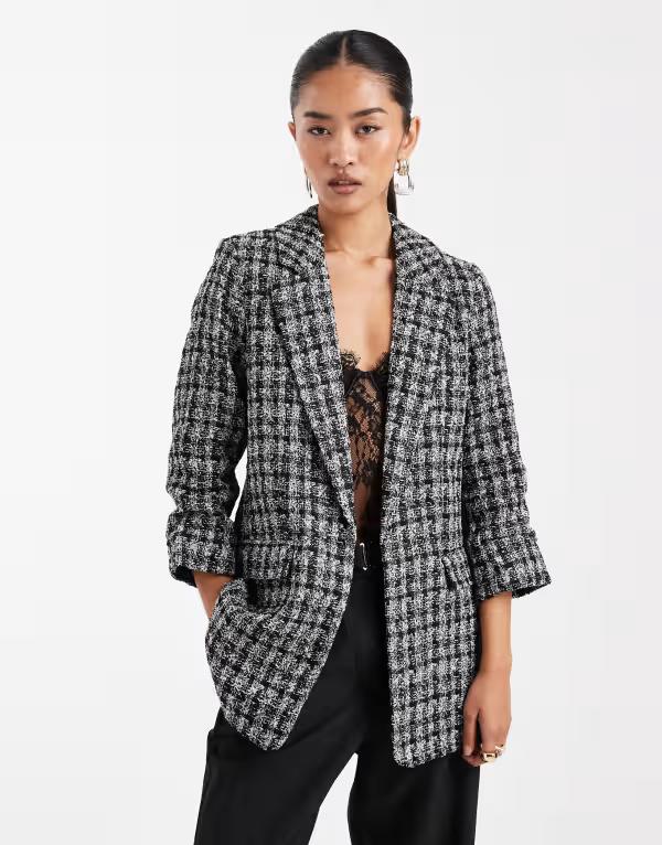 ヴェロモーダ レディース アウター ジャケット・ブルゾン ギャザー ブレザー Vero Moda oversized boucle texture ruched sleeve blazer and Black melange ブラック