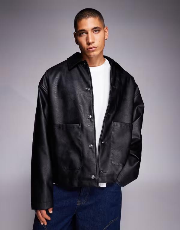 エイソス メンズ アウター ジャケット・ブルゾン レザー フェイクレザー ASOS DESIGN oversized jacket in faux leather with cord collar Black ブラック