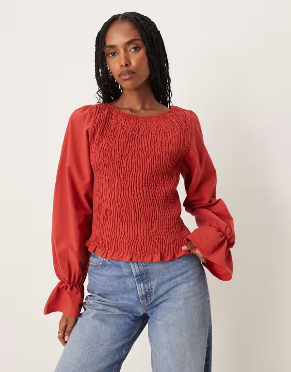 エイソス レディース トップス シャツ ブラウス リネン ASOS DESIGN linen look shirred blouse Red レッド｜ReVida 店