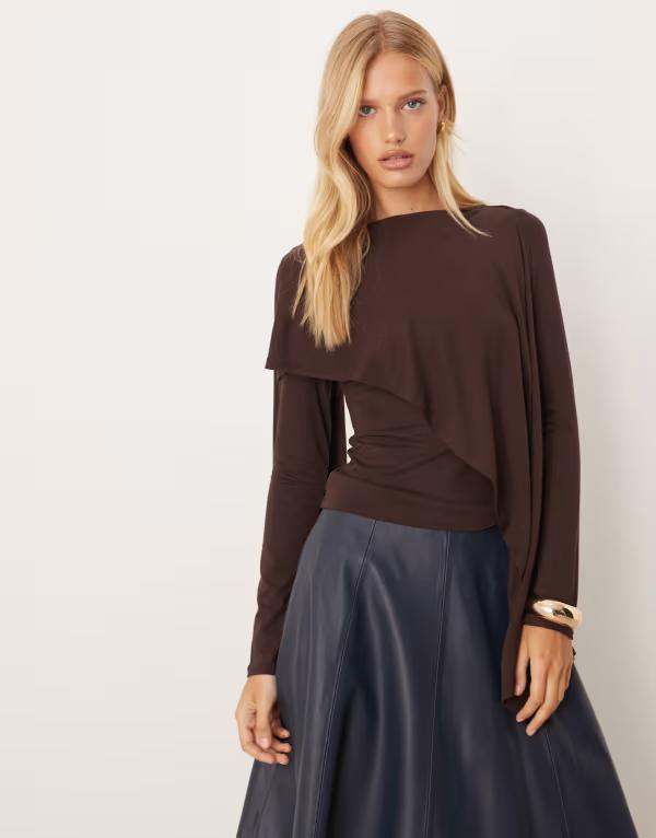 エイソス レディース トップス シャツ ドレープ ASOS DESIGN scarf drape detailong sleeve top BROWN ブラウン