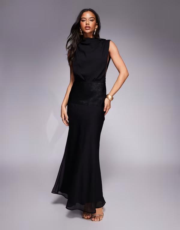 エイソス レディース トップス 衣装 繻子 マキシ ASOS DESIGN grown oneck satin paneled maxi dress Black 黒いこと