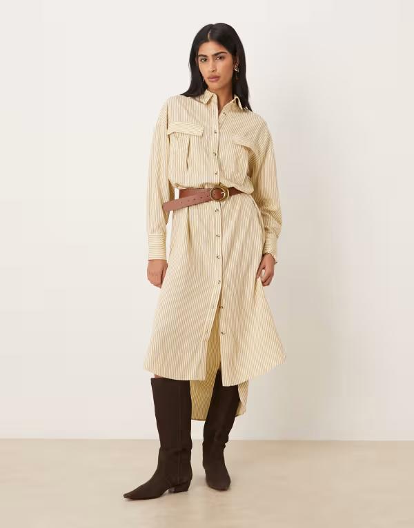 エイソス レディース トップス 衣装 伸び伸びする相応う プルオーバー マキシ ASOS DESIGN relaxed fit maxi shirt dress with pockets インチ pale yellow pinstripes Yellow stripe 黄み レディースファッション-ワンピース