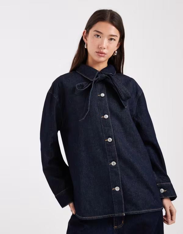 エイソス レディース トップス シャツ デニム ASOS DESIGN denim shirt with bow tie neck in rinse wash Rinse Wash デニム