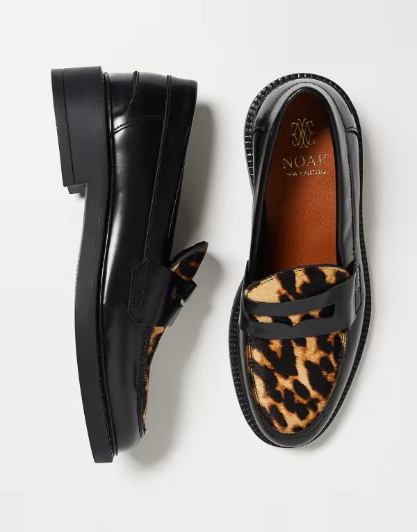 ノーク メンズ シューズ スリッポン・ローファー プリント レザー Noak made in Portugal penny loafers leather with cow hair vamp in leopard print Black ブラック