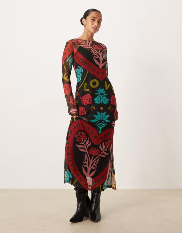 ネバーフリードレスド レディース トップス ワンピース プチ プリント メッシュ Never Fully Dressed Petite mesh midaxi dress in bright abstract print Black multi print ブラック