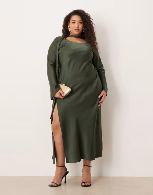 エイソス レディース トップス ワンピース Vネック マキシ ASOS Curve ASOS DESIGN Curve v neck scarf detailong sleeve maxi dress in dark green グリーン