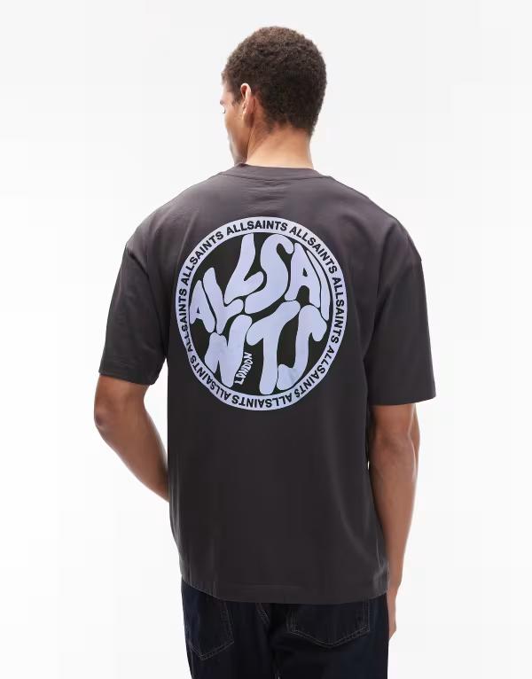 オールセインツ メンズ トップス Tシャツ AllSaints distortion T-shirt in washed black / teal washed black/blue ブラック｜ReVida 店