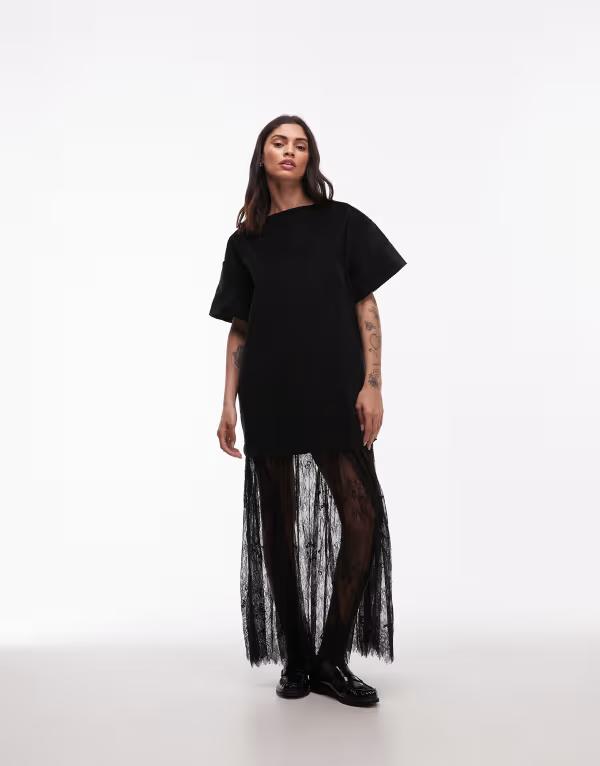 エイソス レディース トップス ワンピース Tシャツ スカート レース マキシ ASOS DESIGN cord T-shirt hybrid maxi dress with lace skirt Black ブラック