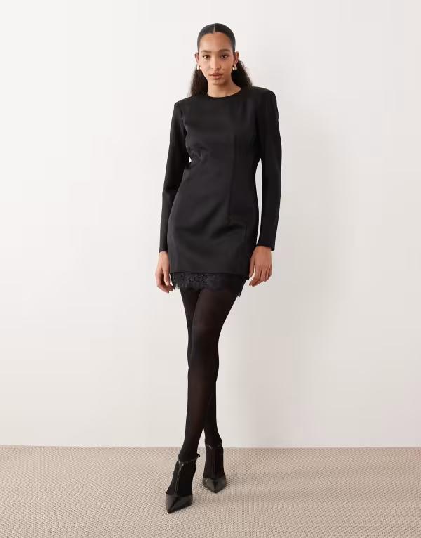 マンゴ レディース トップス 衣装 ミニ スピード競技 Mango long sleeve mini dress with lace hem Black 黒いこと