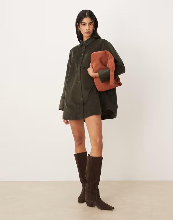 エイソス レディース トップス ワンピース ミニ シャツ ASOS DESIGN boxy oversized mini shirt dress in dark Green グリーン