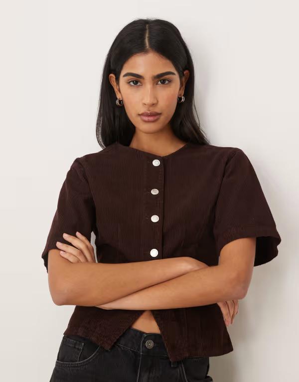 エイソス レディース トップス シャツ コーデュロイ ASOS DESIGN corduroy cinch top in chocolate BROWN ブラウン