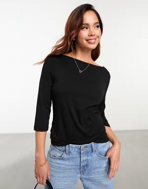 ヴェロモーダ レディース トップス Tシャツ ジャージー Vero Moda three quarter length sleeve jersey top Black ブラック｜ReVida 店