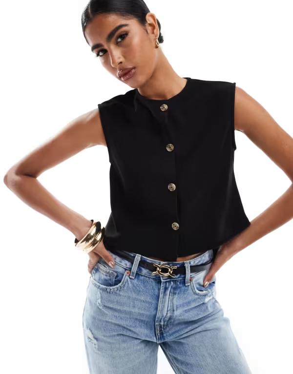 エイソス レディース トップス シャツ リブ ベスト クロップド ASOS DESIGN ribbed wide shoulder boxy cropped vest Black ブラック