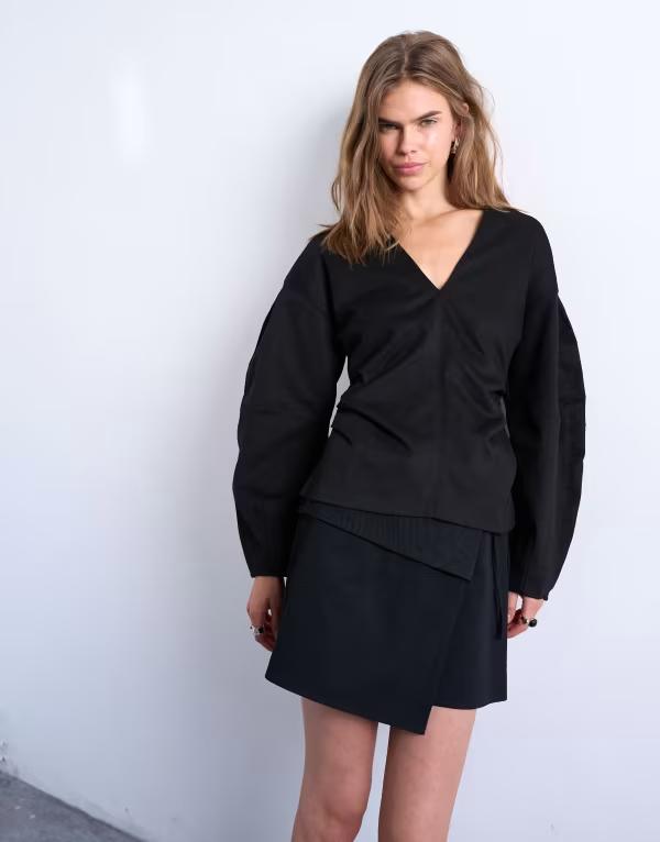 トップショップ レディース トップス タンクトップ Vネック Topshop V neck ovoid sleeve top Black ブラック｜ReVida 店