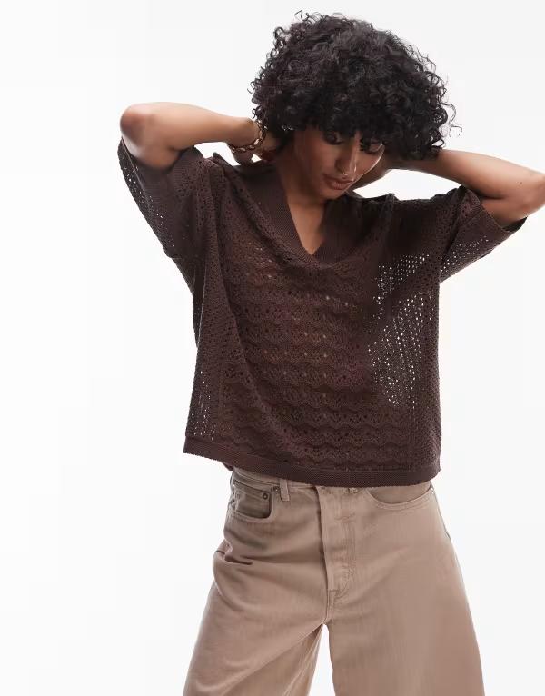 とっ始め販売店 レディース トップス プルオーバー スポーツシャツ Topshopen stitch polo top インチ chocolate 黒茶