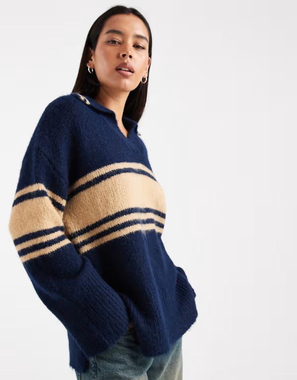 オンリー レディース トップス ポロシャツ ニット ONLY split necknit polo stripe NAVY ネイビー｜ReVida 店