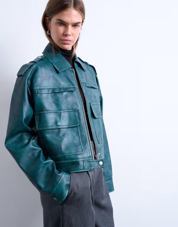 トップショップ レディース アウター ジャケット・ブルゾン レザー フェイクレザー Topshop faux leather heavy washed zip up jacket in teal ティール