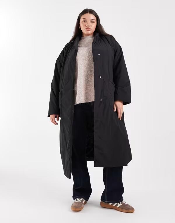 オンリーカーブ レディース アウター コート ONLY Curve tie waist longline coat Black ブラック