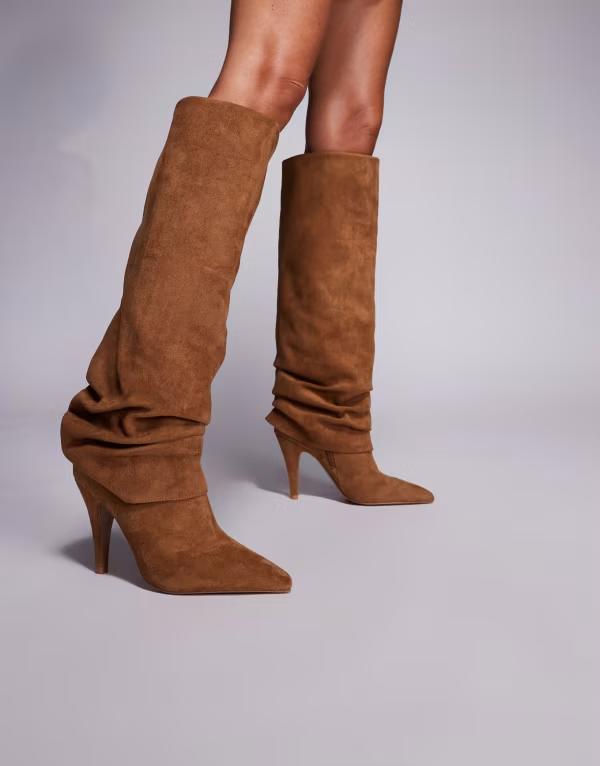 エイソス レディース シューズ ブーツ・レインブーツ スエード ヒール ASOS DESIGN Carissa sloucheeled knee boots in tan suedette TAN タン