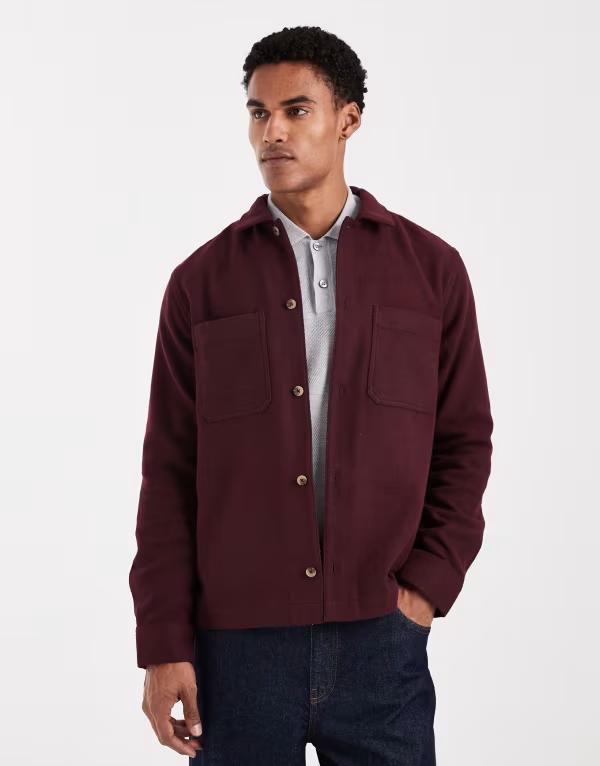 エイソス メンズ トップス プルオーバー 羊毛 ASOS DESIGN woolook overshirt herringbone BURGUNDY/BROWN バーガンディ
