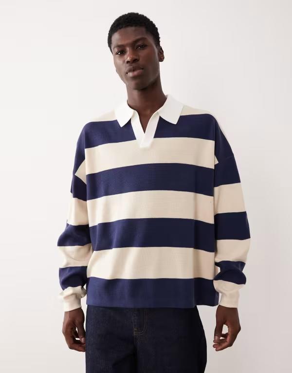 エイソス メンズ トップス スポーツシャツ 編み物 ASOS DESIGN relaxed knit polo and ecru Navy / ecru エクリュ
