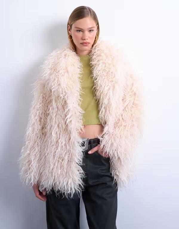 とっ始め販売店 レディース アウター 厚地の外套 照明ランプ素っ首 Topshop mongolian faux fur funnel neck mid length coatbc 白いこと