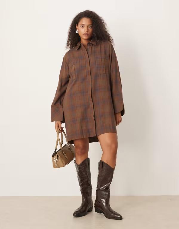 エイソス レディース トップス ワンピース ミニ シャツ ASOS Curve ASOS DESIGN Curve mini shirt dress with wide cuffs and oversized pockets plaid Brown Check ブラウン