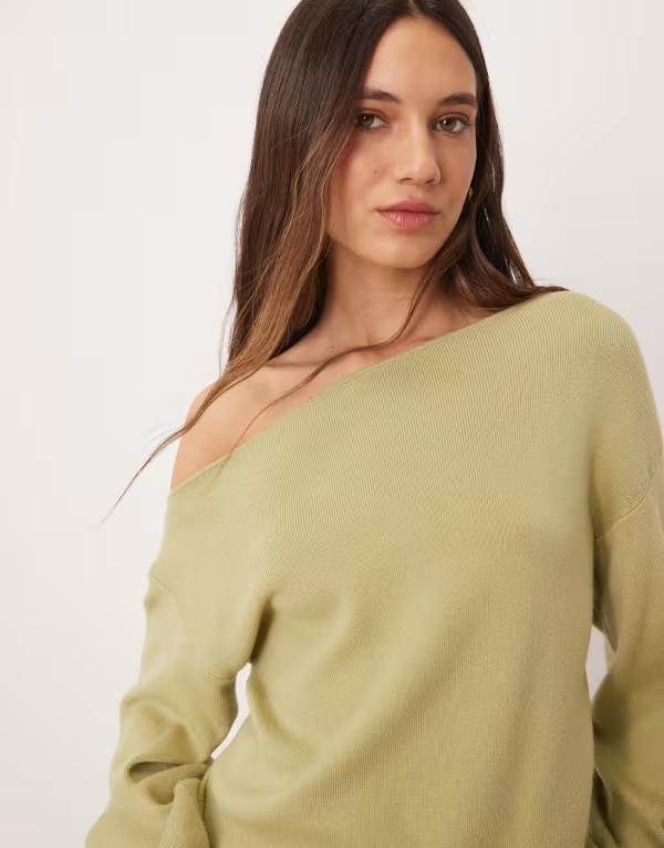 スリードベア レディース アウター ニット・セーター オフショルダー スウェット シャツ Threadbare off-shoulder slouchy sweatshirt in sage GREEN グリーン|ReVida 店