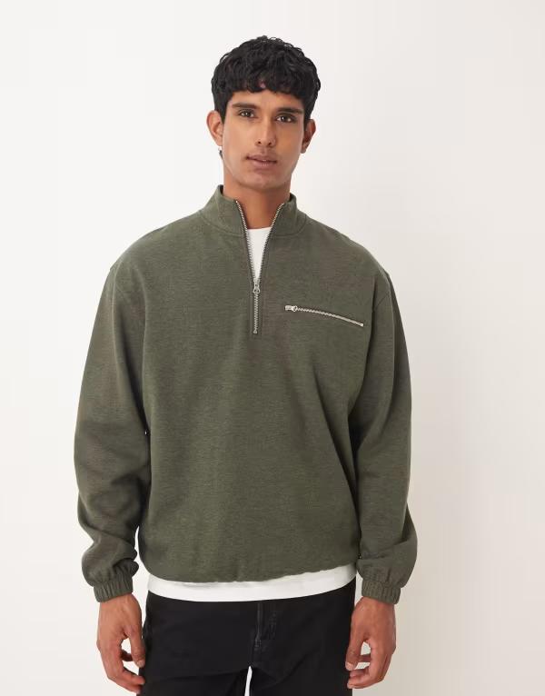 エイソス メンズ アウター パーカー・スウェット ハーフジップ シャツ ASOS DESIGN relaxed quarter zip sweatshirt with pocket heather Green Marl マール
