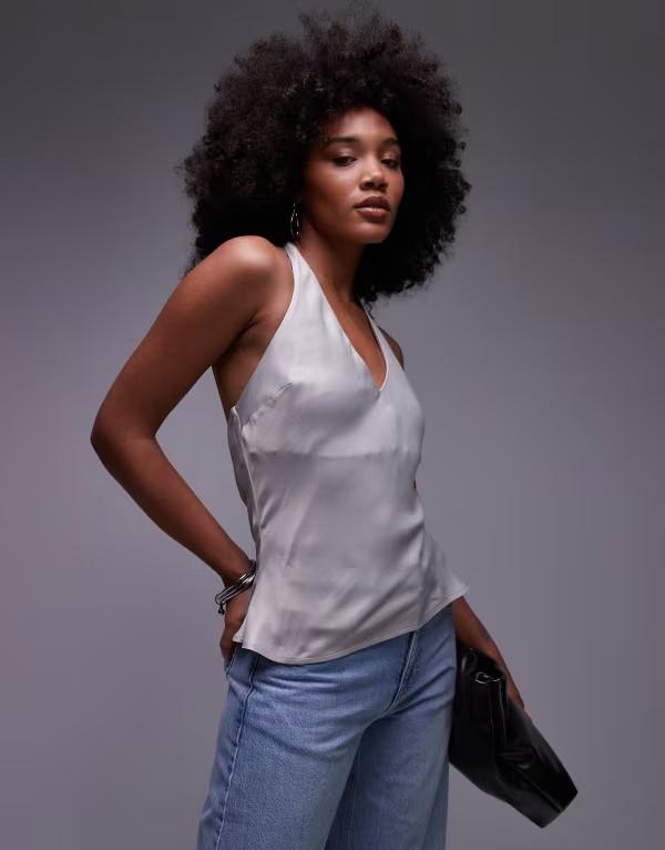 エイソス レディース トップス シャツ サテン ホルター ASOS DESIGN satin scoop halter neck cami top Gray グレー｜ReVida 店
