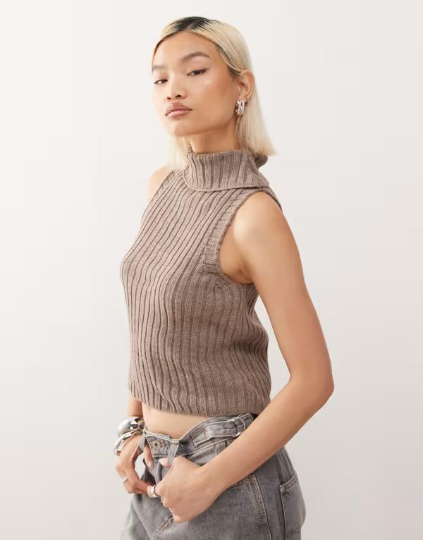 コルージョン レディース トップス Tシャツ リブ COLLUSION ribbed roll neck in chocolate チョコレート