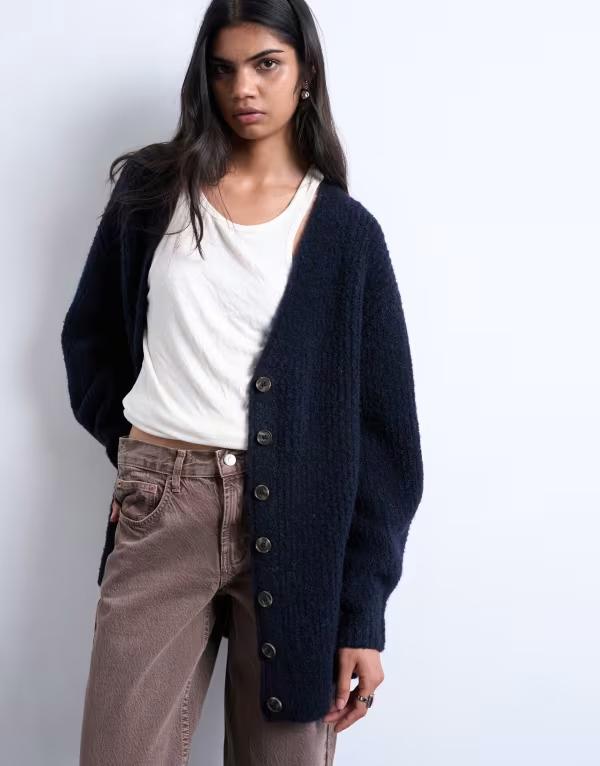 トップショップ レディース アウター カーディガン ニット Topshop knit ultimate boyfriend cardiganAVY ネイビー｜ReVida 店