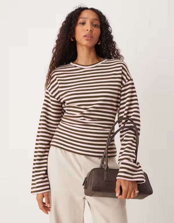 エイソス レディース トップス Tシャツ ASOS DESIGN Supersoft long sleeve corset waistee stripe Khaki stripe カーキ