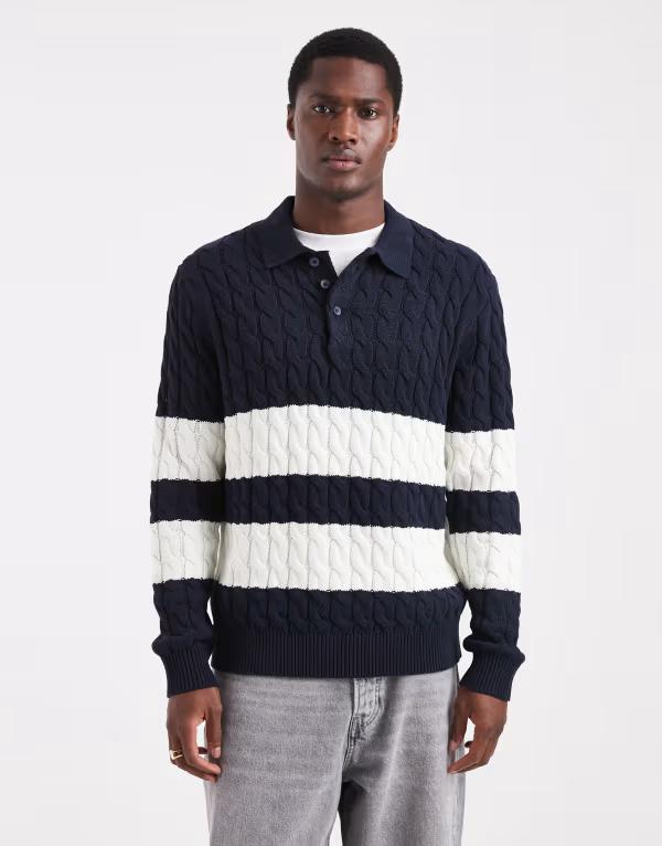 オンリーアンドサンズ メンズ トップス ポロシャツ ニット ONLY & SONS cable knit polo & white stripe Dark Navy ネイビー