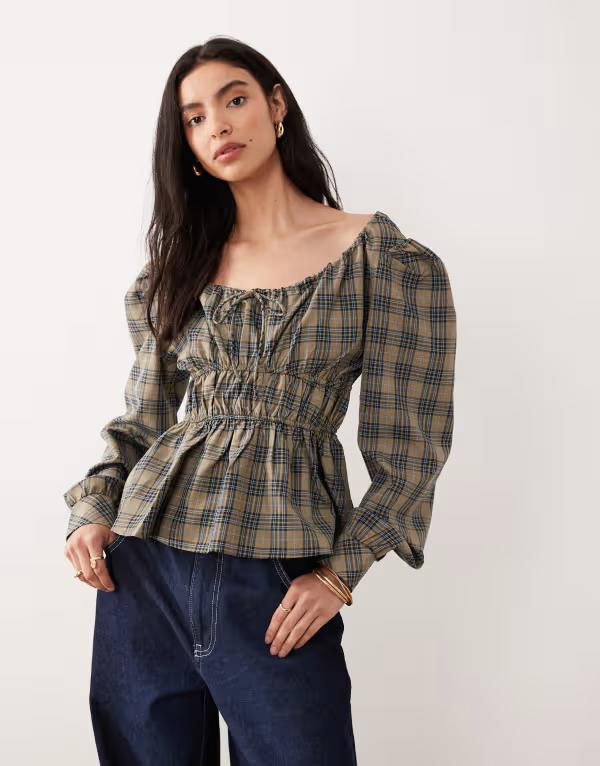 グラマラス レディース トップス シャツ ブラウス Glamorous long sleeve shirred waist blouse navy plaid Multi マルチカラー 15,895円