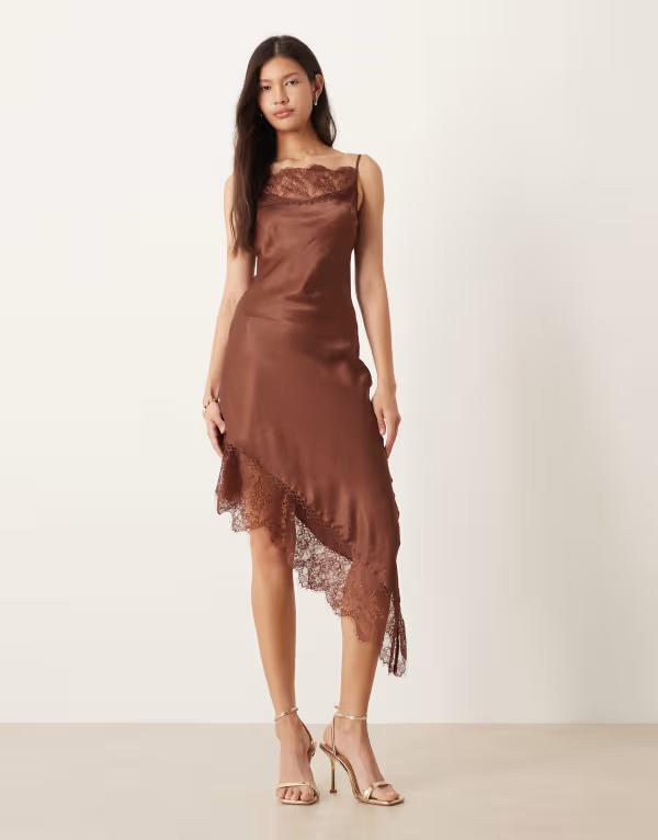 エイソス レディース トップス 衣装 非対称 ミニ 繻子 スピード競技 ASOS DESIGN cami lace detail asymmetric satin mini dress インチ chocolate BROWN 赤銅色